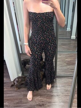 Olivaceous Black Strapless Floral Flare Jumpsuit